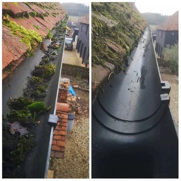 Results of gutter vacuum cleaning, cleared of moss and leaves.