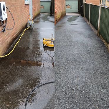 Tarmac driveway before and after pressure washing, restored to like new appearance.
