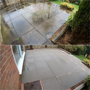 Image shows a dirty patio area before cleaning and bright, clean patio slabs after pressure washing