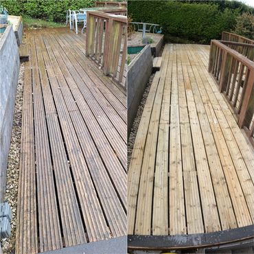 Wood decking area, side by side image before and after cleaning service, Stoke-on-Trent.