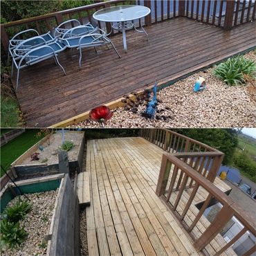 Decking area in Bignall End, cleaned with pressure washing, removing years of dirt & algae build up