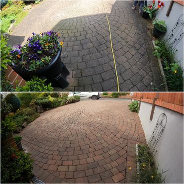 Block paving driveway in Kidsgrove, before and after being cleaned with pressure washing service.