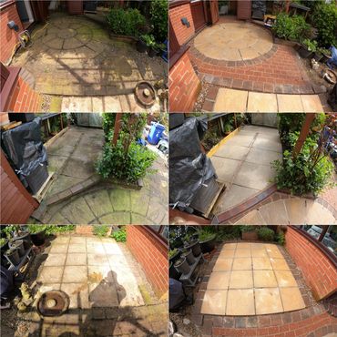 Paved patio areas, split picture showing before and after pressure washing