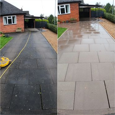 Left side image shows dirty paving slabs, right side shows slabs after cleaning with pressure washer