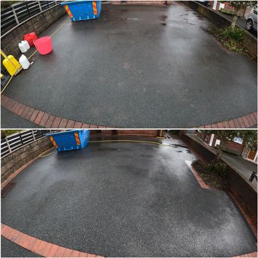 Dirty tarmac drive with block edging, and below the same driveway after being pressure washed