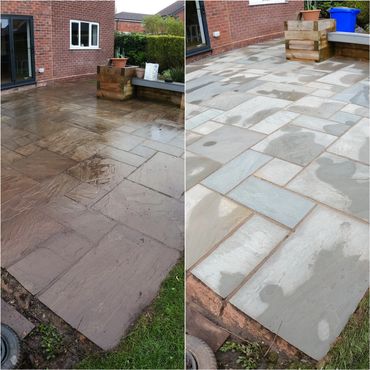 Grey stone patio area, before and after pressure washing clean.