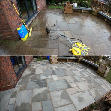 Dirty paved patio area, with after pressure washing results shown below.