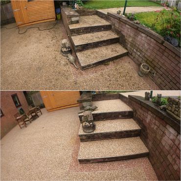 Resin patio area with steps, before and after pressure washing service.