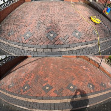 Block paving driveway, before and after pressure washing results.