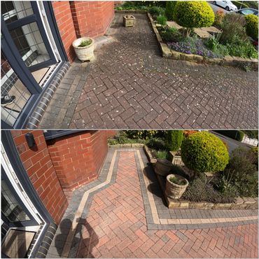 Image of dirty block paving with loss and lichens, and after cleaning clean moss free block paving