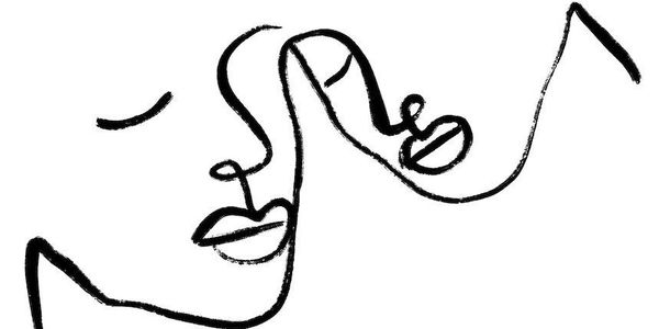 Line drawing representing two people touching foreheads with eyes closed