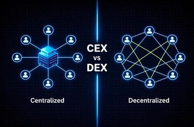 Illustration comparing centralized (CEX) and decentralized (DEX) networks.