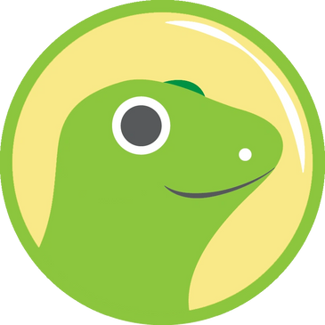 A simple cartoon green gecko head inside a yellow circle.
