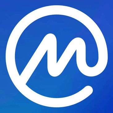 White circular logo with a stylized 'M' on a blue background.