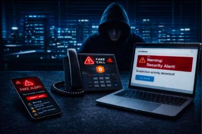 Multiple devices display security warnings about fake calls and suspicious activity.