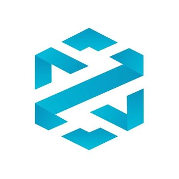 Blue geometric 3D logo with interlocking shapes forming a hexagon.