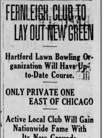 News clipping with headline "Fernleigh Club plans new lawn bowling green, only private one east of C
