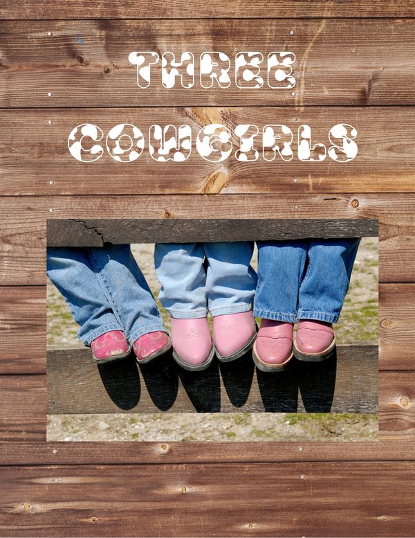 Three girls in jeans and pink boots sit behind a wooden board with cow-print text.