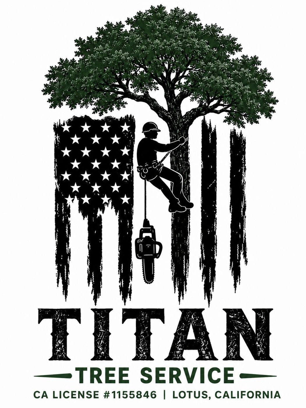 Logo of Titan Tree Service with a tree climber and American flag design.
