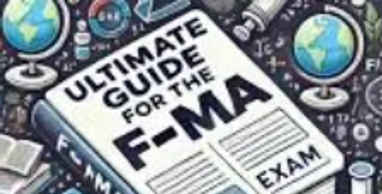 A guidebook titled 'Ultimate Guide for the F-MA Exam' surrounded by globes and books.