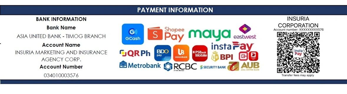 Payment info showing bank and digital payment options with QR code for Insuria Corporation.