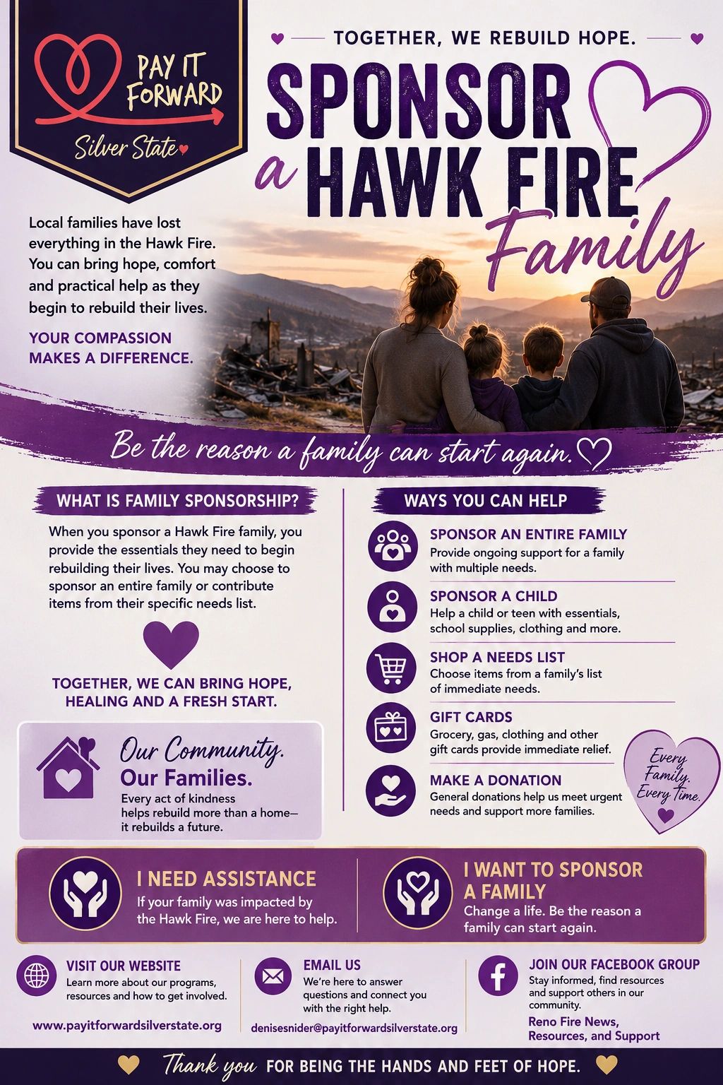 Flyer encouraging sponsorship of Hawk Fire families for hope and support.