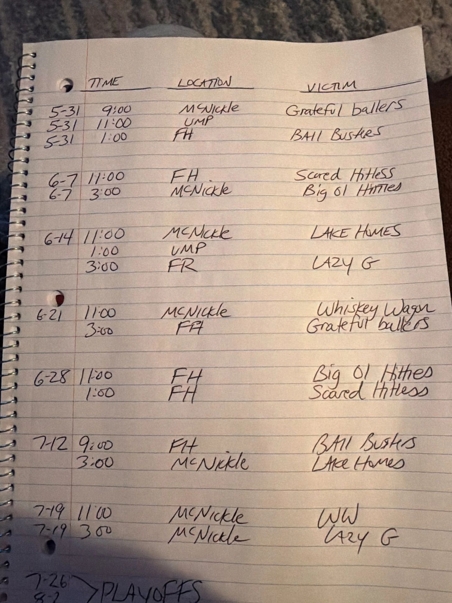 Handwritten sports schedule with dates, times, locations, and team names.