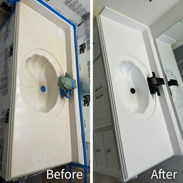Before and after photos of a cleaned bathroom sink area.