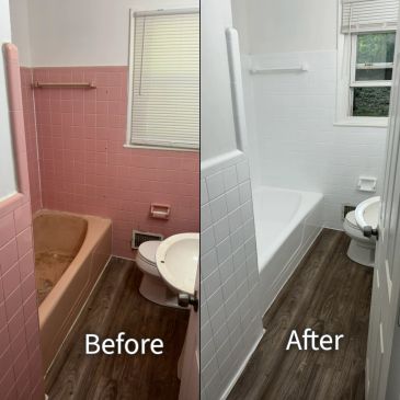 Bathroom renovation showing transformation from dated pink tiles to modern white tiles.