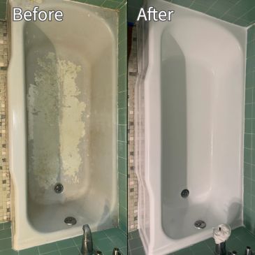 Side-by-side comparison of a bathtub before and after restoration.
