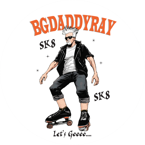 Skater with white hair and sunglasses in black outfit on roller skates.