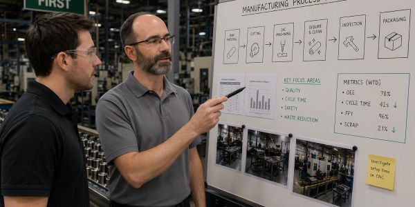 Two men discussing manufacturing process with charts and photos.