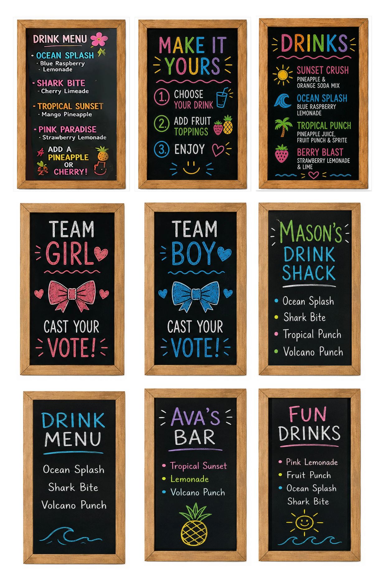 Colorful chalkboard drink menus with tropical-themed beverages and voting options for team girl or boy.