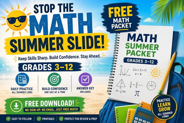 Free math summer packet for grades 3-12 to stop summer learning loss.