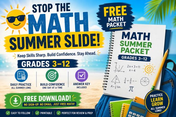 Free math summer packet for grades 3-12 to stop summer learning loss.