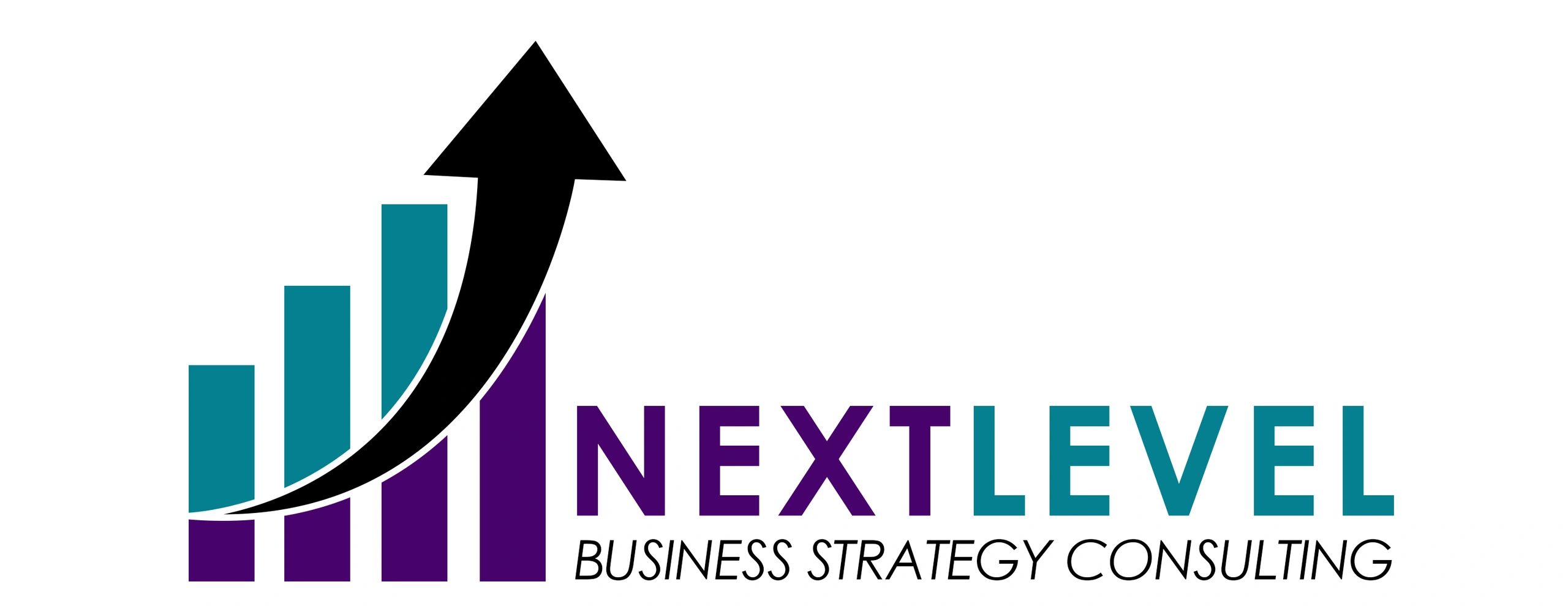Logo for Next Level Business Strategy Consulting with upward arrow and bar chart.
