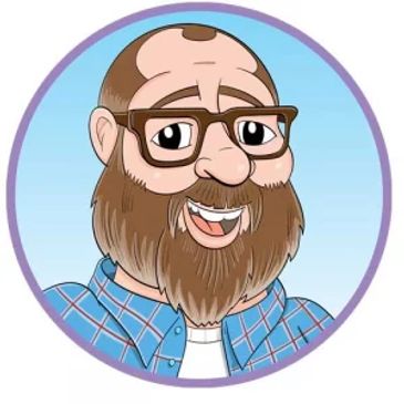 Cartoon bearded man with glasses smiling.