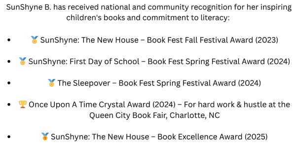 Award-winning author SunShyne B. recognized for inspiring children's books and literacy.