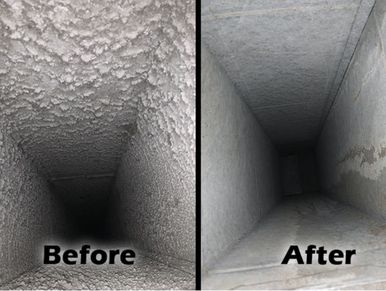 Before and after images of a cleaned, dusty air duct.