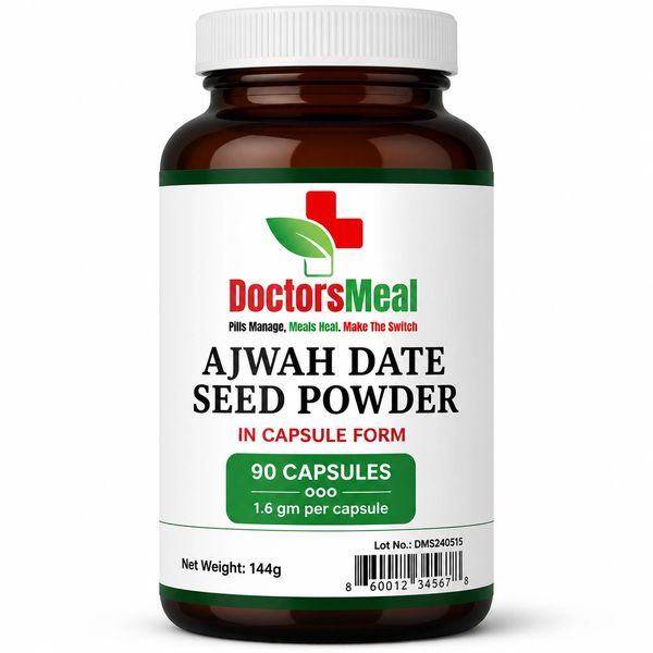 Bottle of Ajwah Date Seed Powder capsules by Doctors Meal.