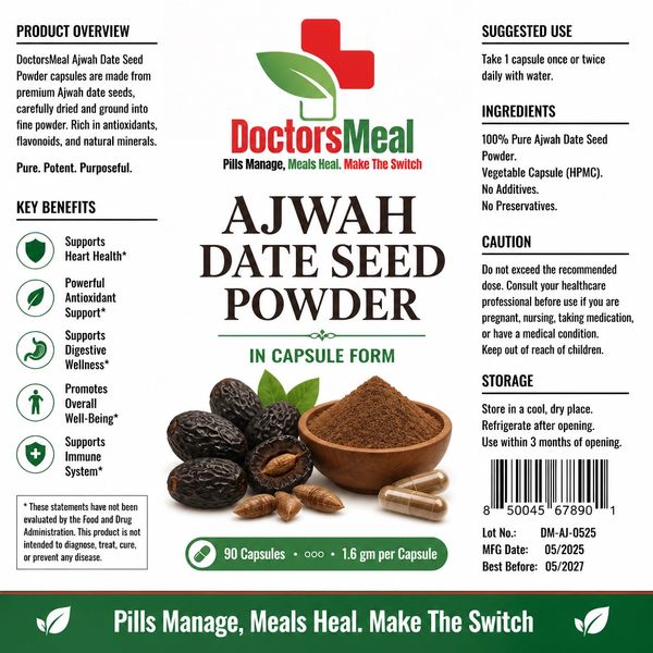 Ajwah Date Seed Powder capsules for health support.