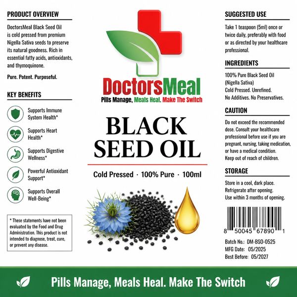 Label for DoctorsMeal Black Seed Oil with health benefits and usage instructions.