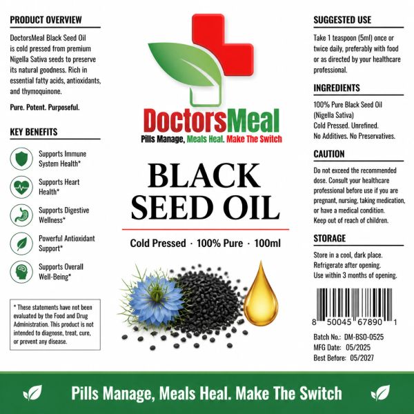 Label for DoctorsMeal Black Seed Oil with health benefits and usage instructions.