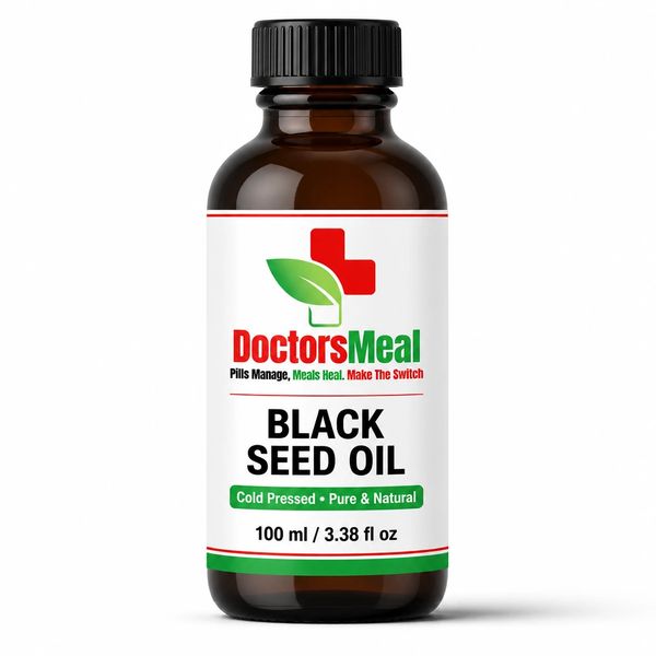 Bottle of DoctorsMeal Black Seed Oil supplement.
