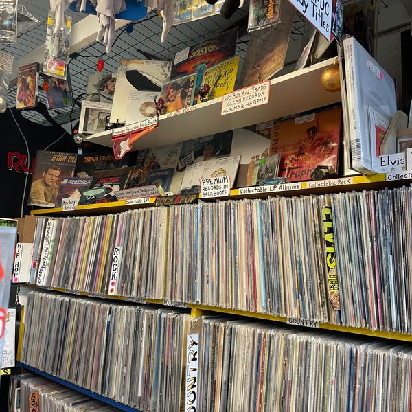 Goblin’s Cave Record Store records section covering rock, jazz, blues, classical, and world music.