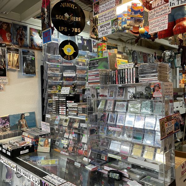 Goblin’s Cave Record Store cassette tape section covering rock, jazz, blues classical & world music.