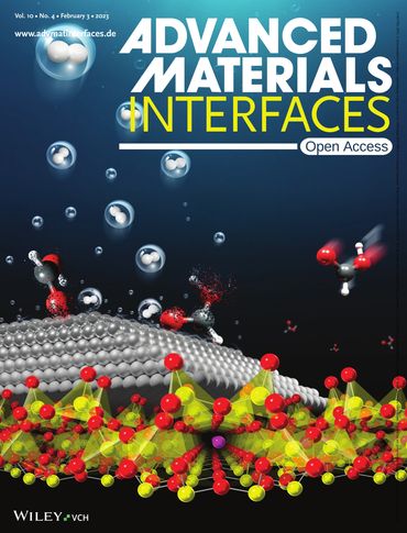 Scientific journal cover featuring molecular structures and interfaces.