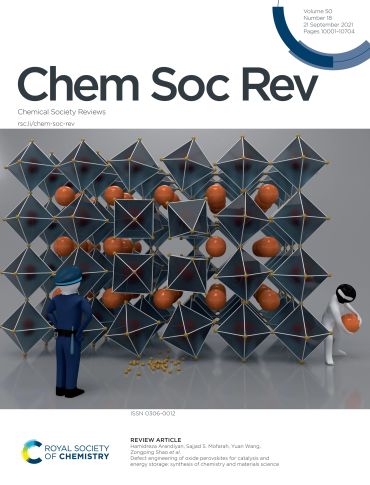 Cover of Chem Soc Rev showing a 3D lattice with figures handling orange spheres.