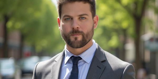 Confident young man in a gray suit and blue tie standing outdoors.
