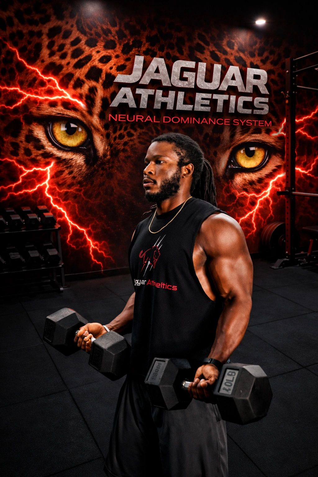 Muscular man lifting dumbbells in gym with jaguar-themed background.